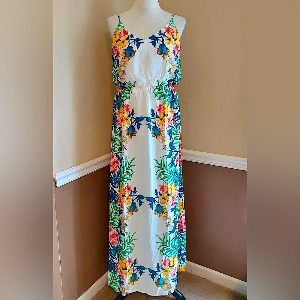 Ivory Floral Maxi Dress Thin Strap V-Neck Boho Pink Owl ModCloth Tropical Summer